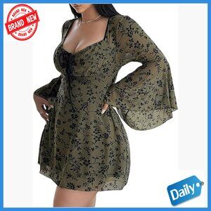 Plus Size Floral Gothic Mesh Long Sleeve A-Line Dress